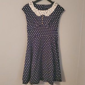 Vintage Acevog Cap Sleeve Dark Navy-Blue w/ White Poka Dot Dress Size Large